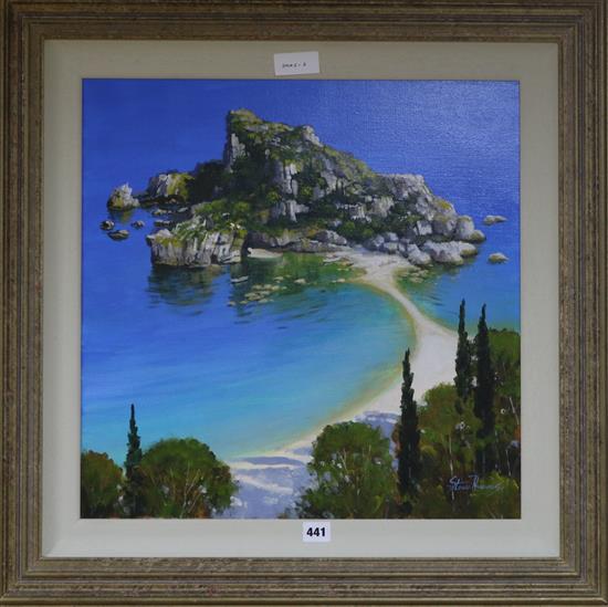 Steve Thomas, oil on canvas, Meditteranean coastal scene, signed, 50 x 50cm